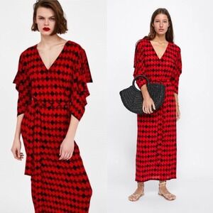 Zara Red Black Geometric Diamond Print Maxi Dress V-Neck Draped Sleeve Belted